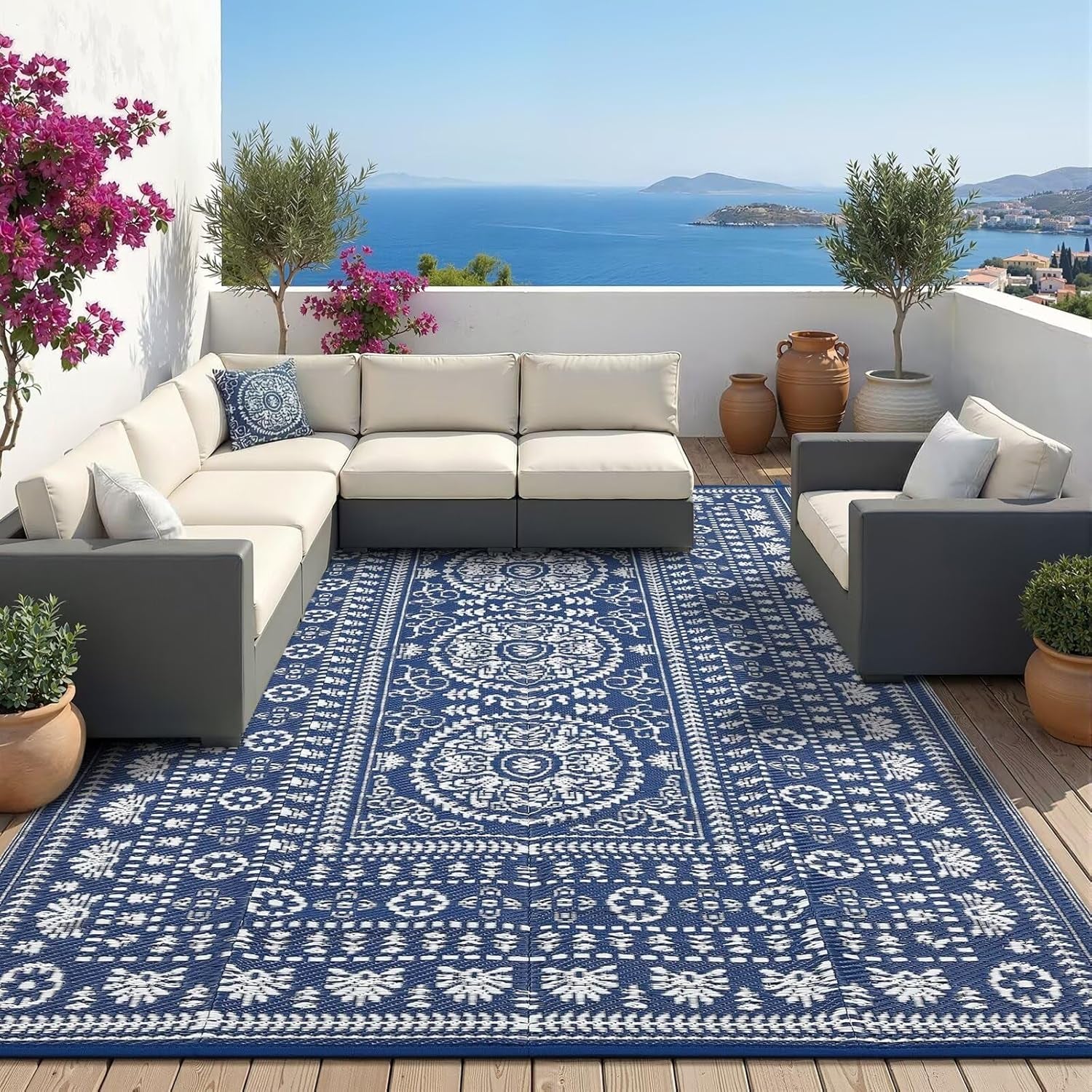 Reversible Outdoor Rug 6X9 for Patio, Waterproof Outdoor Area Rug, Modern Medallion Indoor Outdoor Rugs, Plastic Straw Rug for RV, Camping, Deck, Vintage Navy