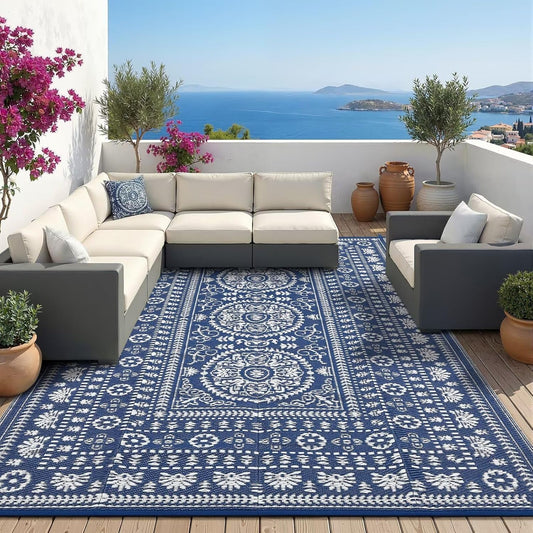 Reversible Outdoor Rug 6X9 for Patio, Waterproof Outdoor Area Rug, Modern Medallion Indoor Outdoor Rugs, Plastic Straw Rug for RV, Camping, Deck, Vintage Navy