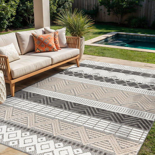 Marbella Contemporary Boho Non-Shedding Patio Deck Backyard Indoor/Outdoor Area Rug 5' X 7' Gray
