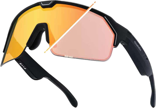 Music Shield Smart Audio Sunglasses Matte Black Frame, Fire Lenses | Open-Ear Bluetooth Glasses for Men & Women with Electronic Tint Control, Sweat Proof, Sports Eyewear, 100% UV Protection